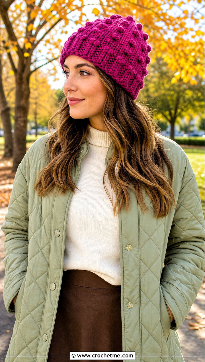 Magic Circle Crochet Bobble Hat With Quilted Jacket And Midi Skirt - 25 Magic Circle Crochet Hat outfit ideas
