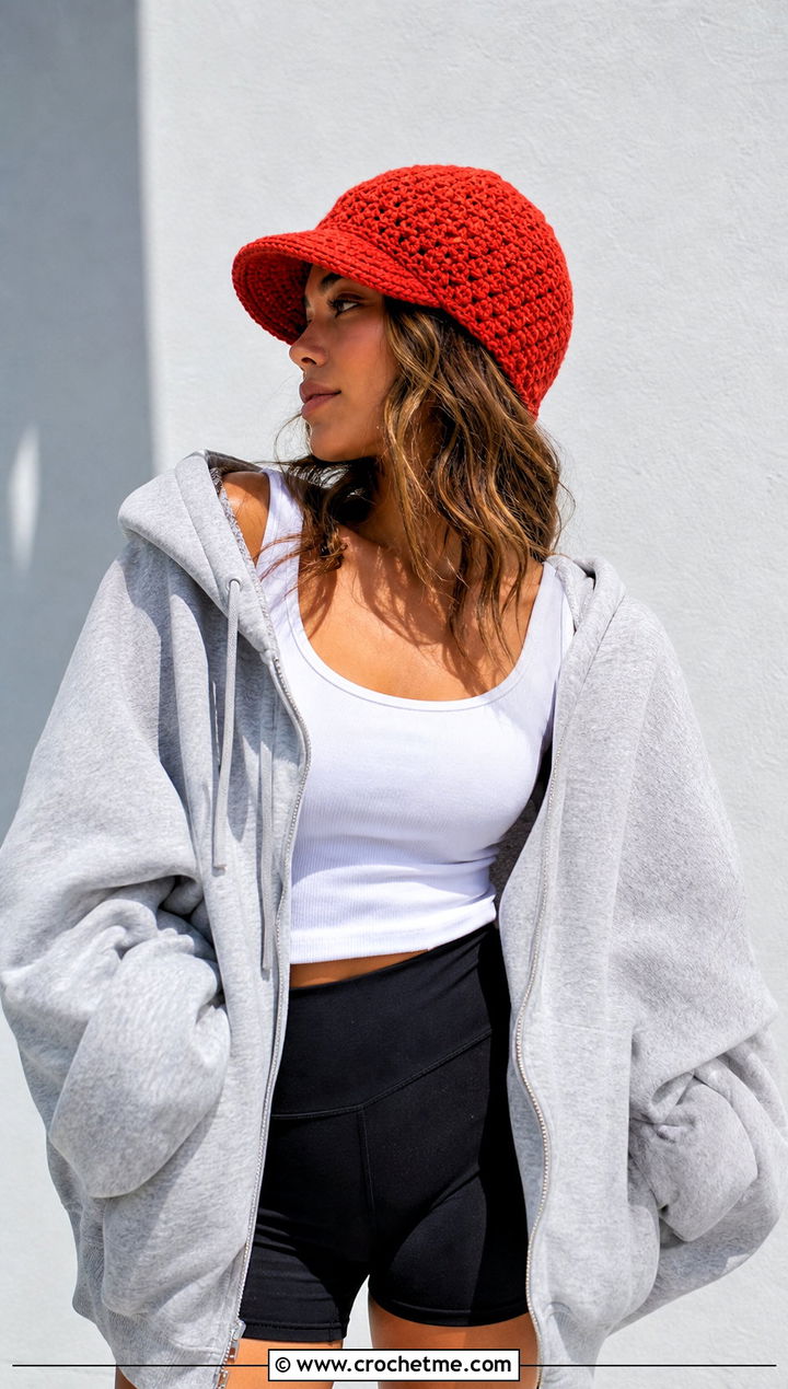 Magic Circle Crochet Brimmed Beanie With Hoodie And Biker Shorts - 25 Magic Circle Crochet Hat outfit ideas