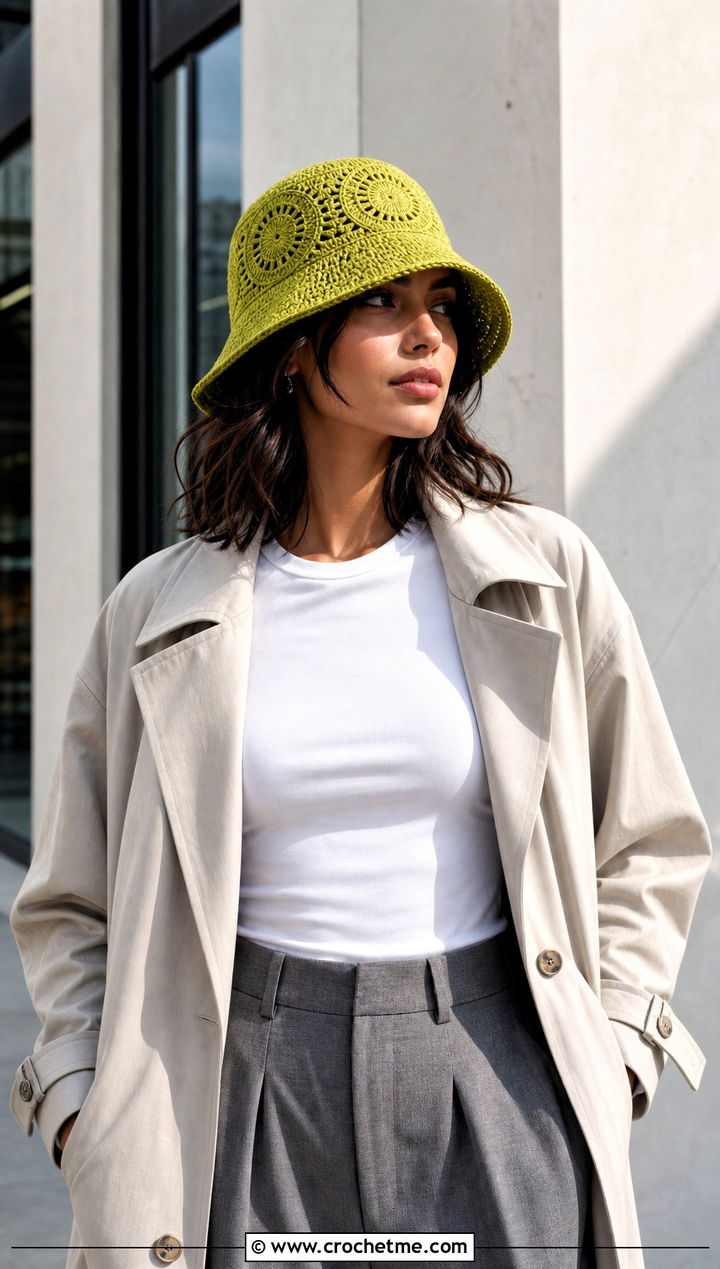 Magic Circle Crochet Bucket Hat With Trench Coat And Trousers - 25 Magic Circle Crochet Hat outfit ideas