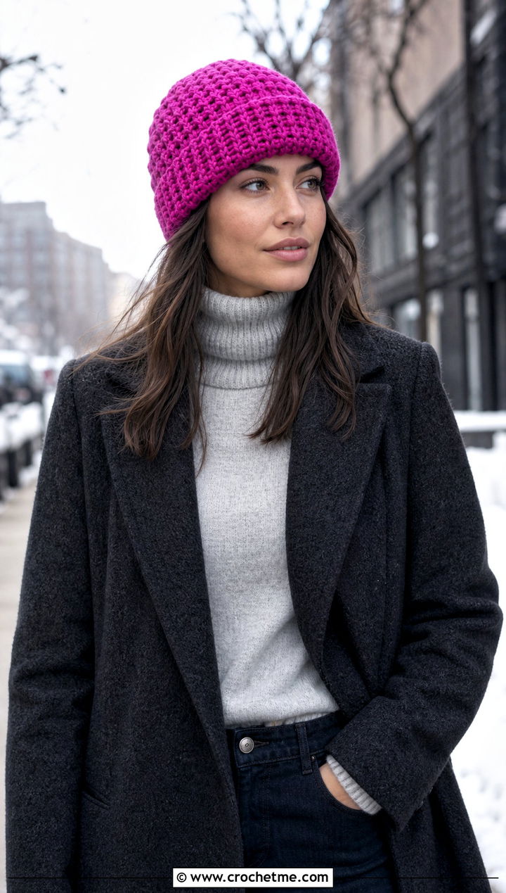 Magic Circle Crochet Cuffed Beanie With Wool Coat And Wide Leg Jeans - 25 Magic Circle Crochet Hat outfit ideas