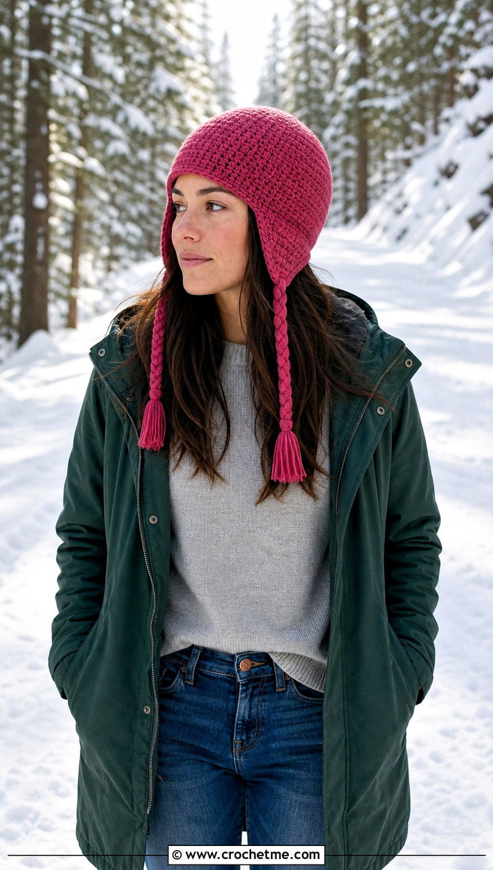 Magic Circle Crochet Earflap Hat With Parka And Straight Jeans - 25 Magic Circle Crochet Hat outfit ideas