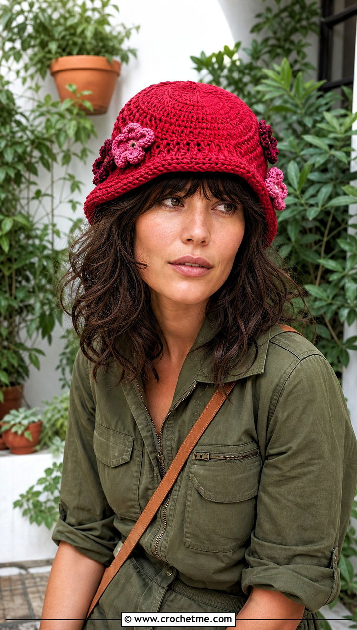 Magic Circle Crochet Flower Hat With Utility Jumpsuit And Sandals - 25 Magic Circle Crochet Hat outfit ideas
