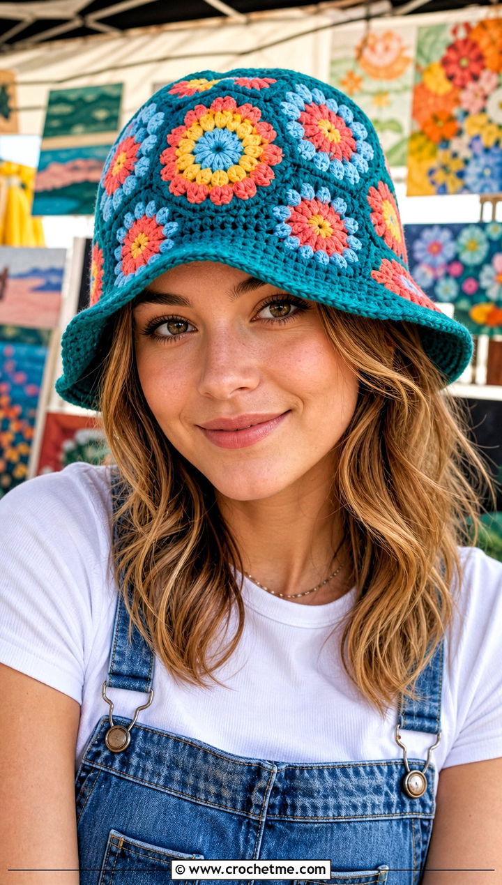 Magic Circle Crochet Granny Square Bucket Hat With Denim Overalls - 25 Magic Circle Crochet Hat outfit ideas