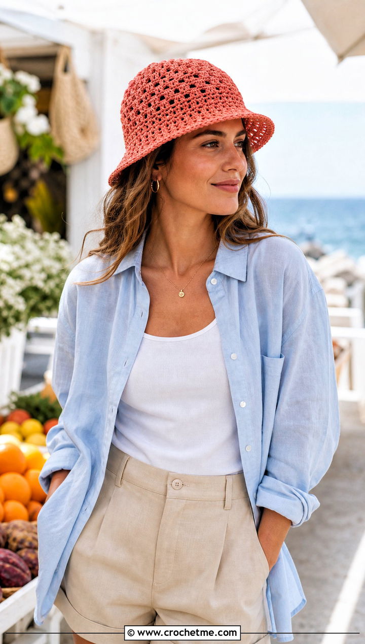 Magic Circle Crochet Mesh Hat With Linen Shirt And Shorts - 25 Magic Circle Crochet Hat outfit ideas