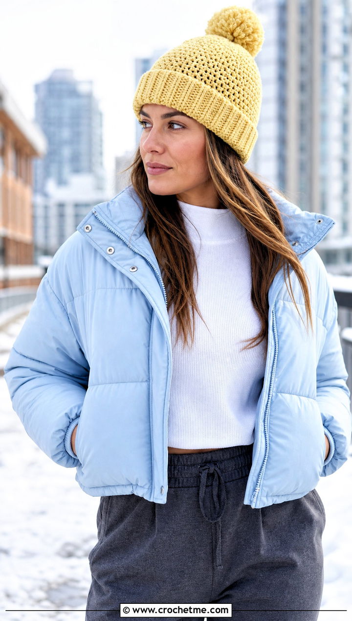 Magic Circle Crochet Pom Pom Beanie With Puffer Jacket And Joggers - 25 Magic Circle Crochet Hat outfit ideas