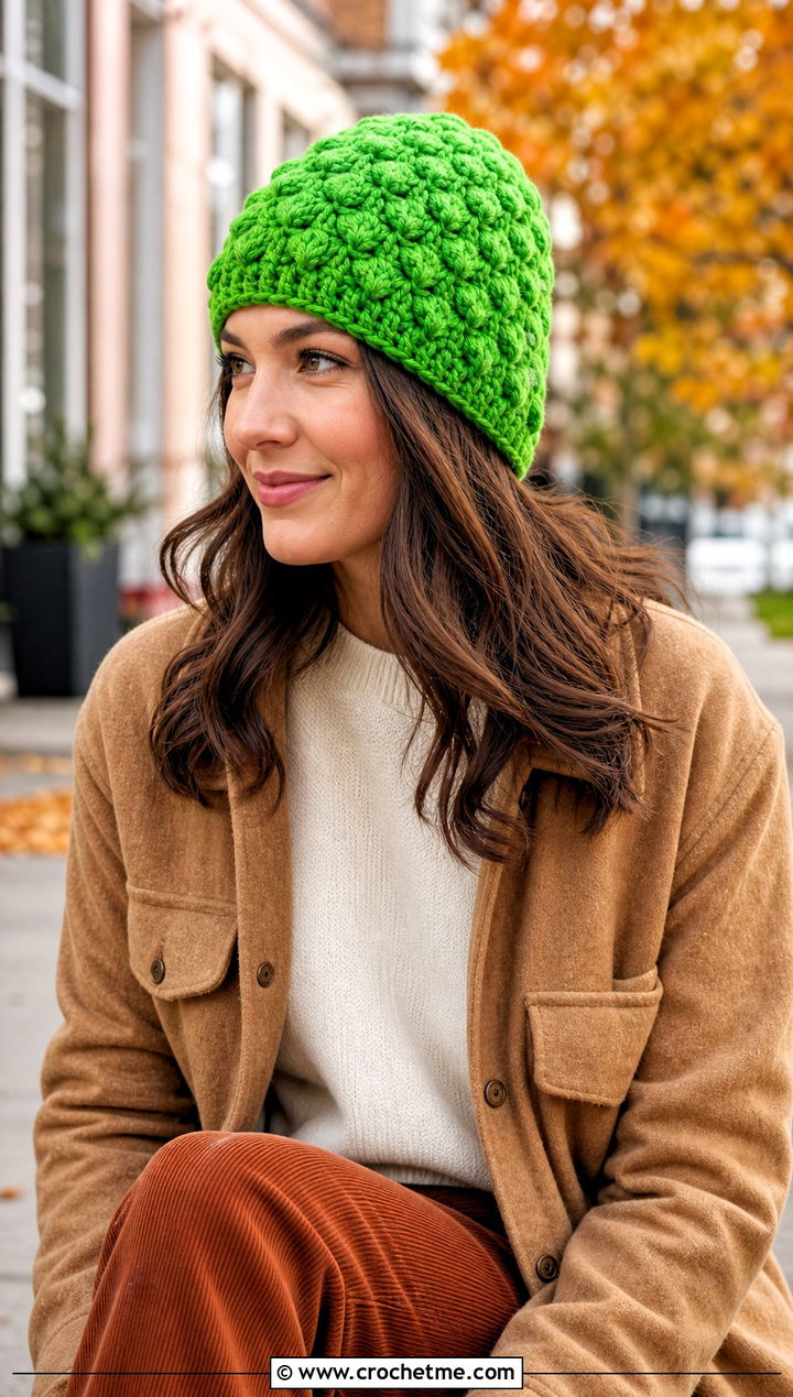 Magic Circle Crochet Puff Stitch Hat With Shacket And Corduroy Pants - 25 Magic Circle Crochet Hat outfit ideas