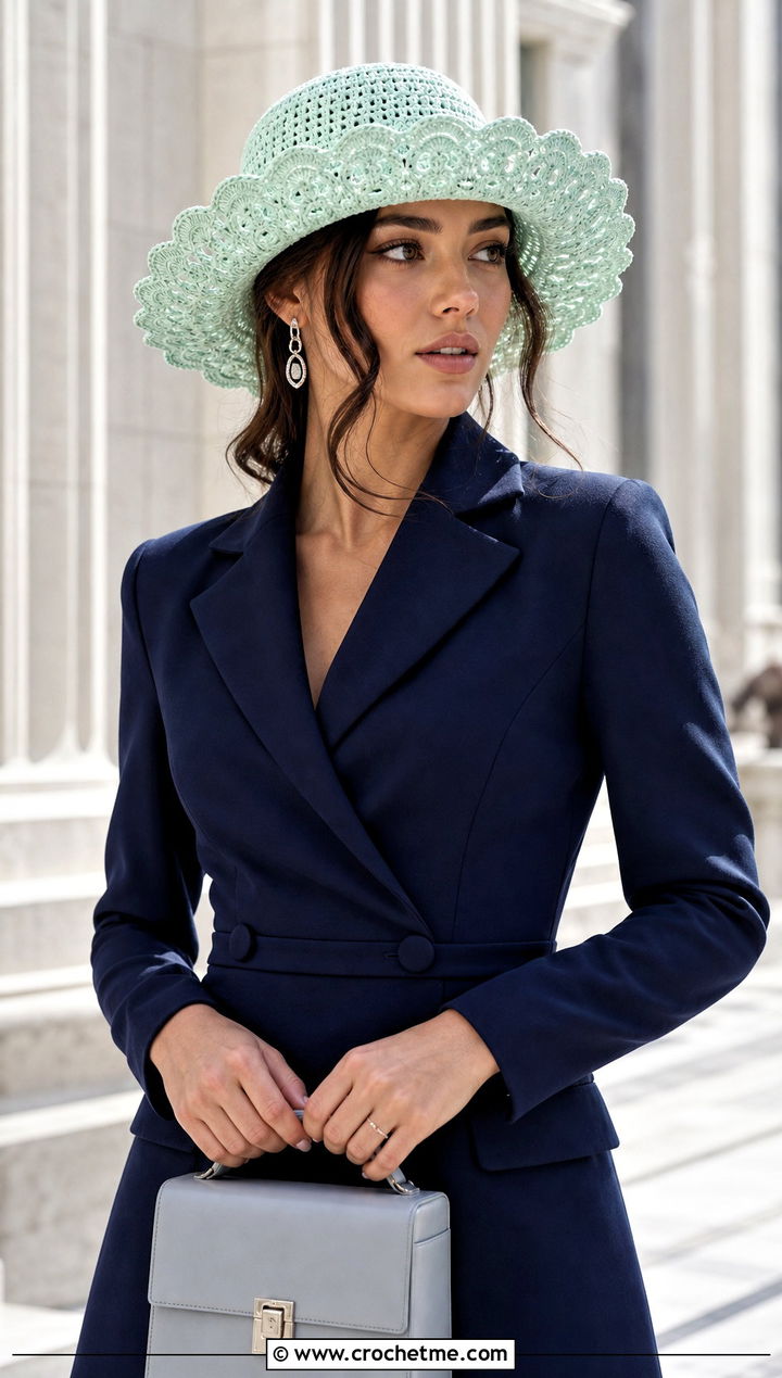 Magic Circle Crochet Scalloped Brim Hat With Blazer Dress - 25 Magic Circle Crochet Hat outfit ideas