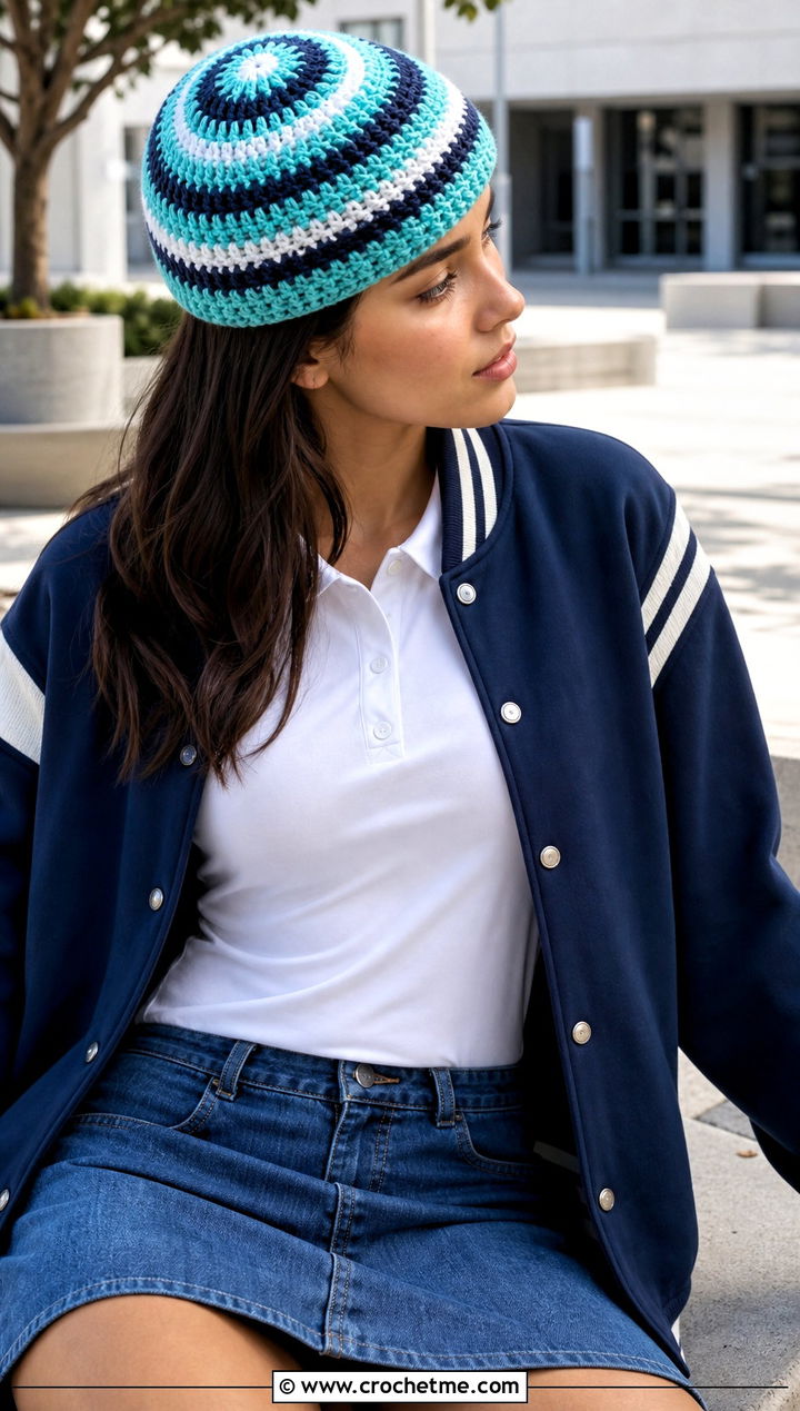 Magic Circle Crochet Striped Beanie With Varsity Jacket And Miniskirt - 25 Magic Circle Crochet Hat outfit ideas