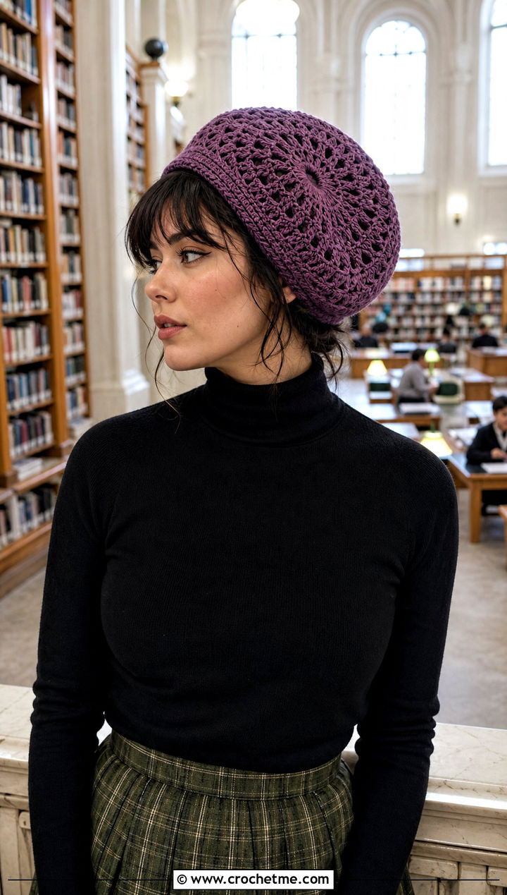 Magic Circle Crochet Tam Hat With Turtleneck And Plaid Skirt - 25 Magic Circle Crochet Hat outfit ideas