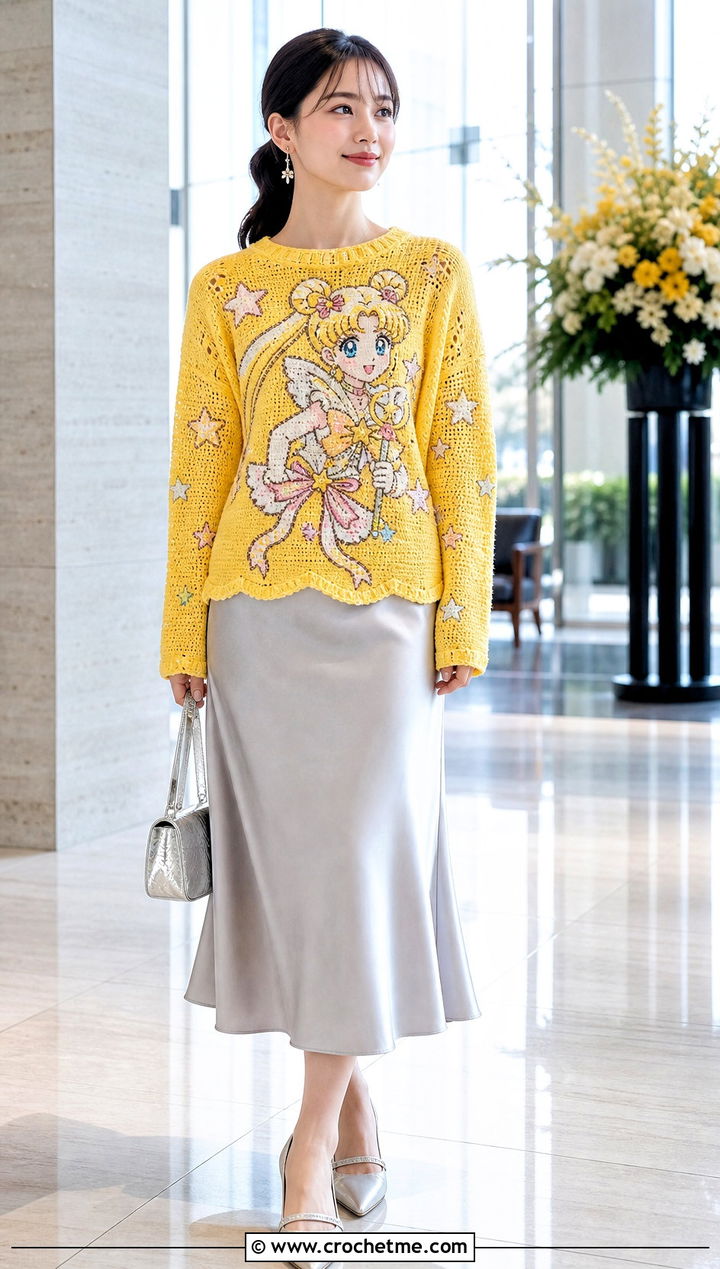 Magical Girl Intarsia Crochet Sweater With Satin Midi Skirt - 30 Anime Crochet Sweater outfit ideas