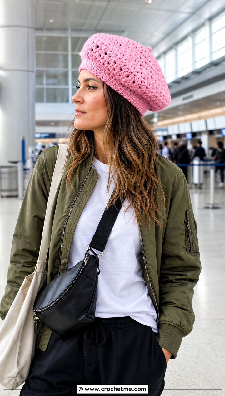Magnolia Crochet Beret With Bomber Jacket And Travel Pants - 15 magnolia crochet beret outfit ideas
