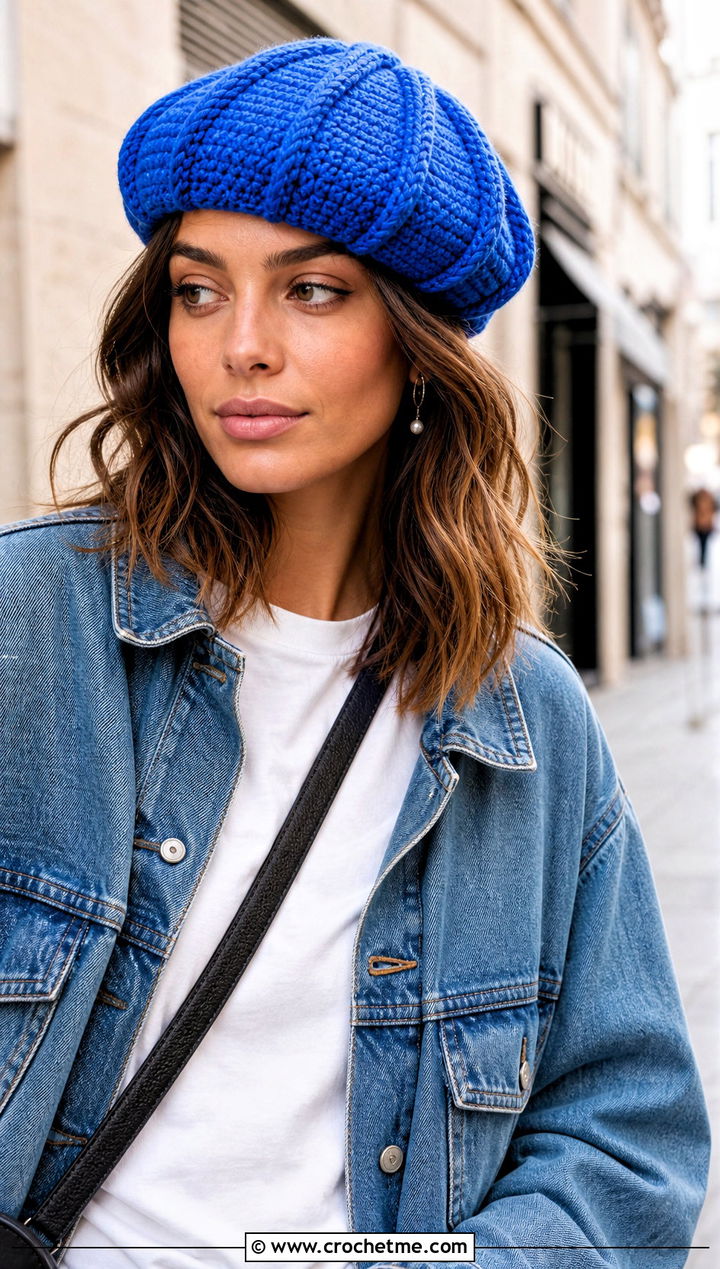 Magnolia Crochet Beret With Denim Jacket And Wide Leg Jeans - 15 magnolia crochet beret outfit ideas