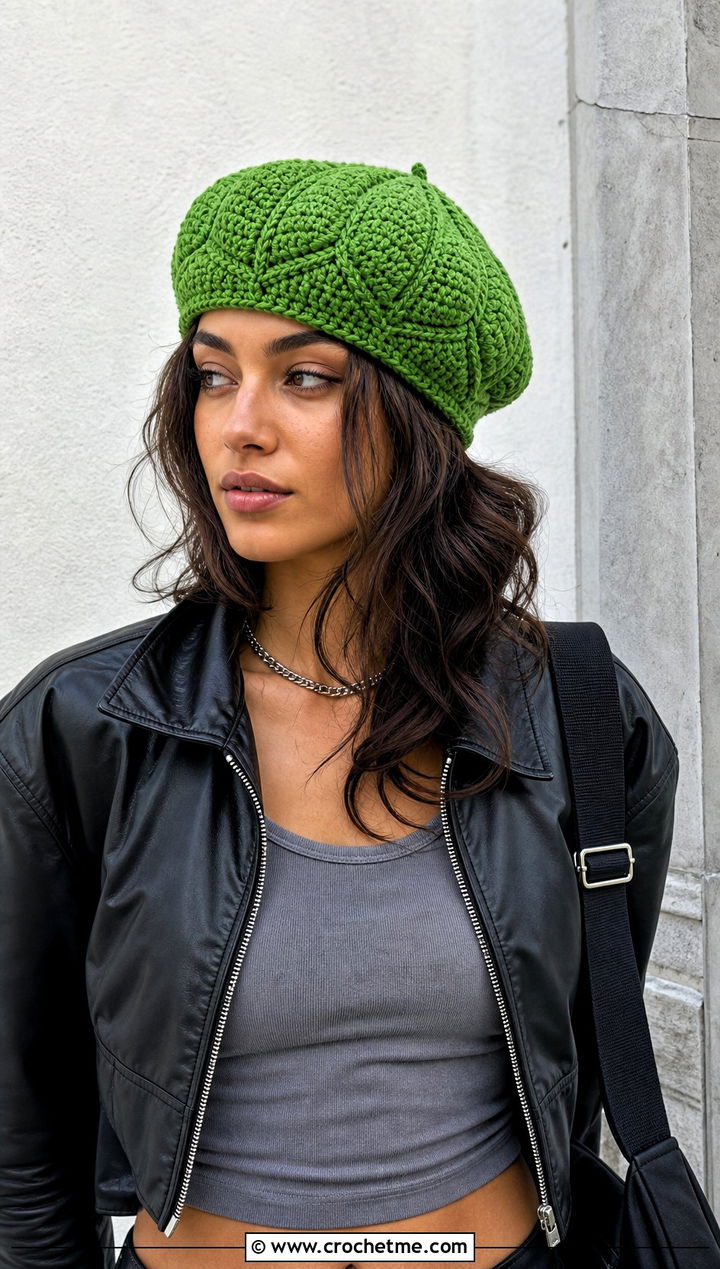 Magnolia Crochet Beret With Leather Jacket And Cargo Pants - 15 magnolia crochet beret outfit ideas