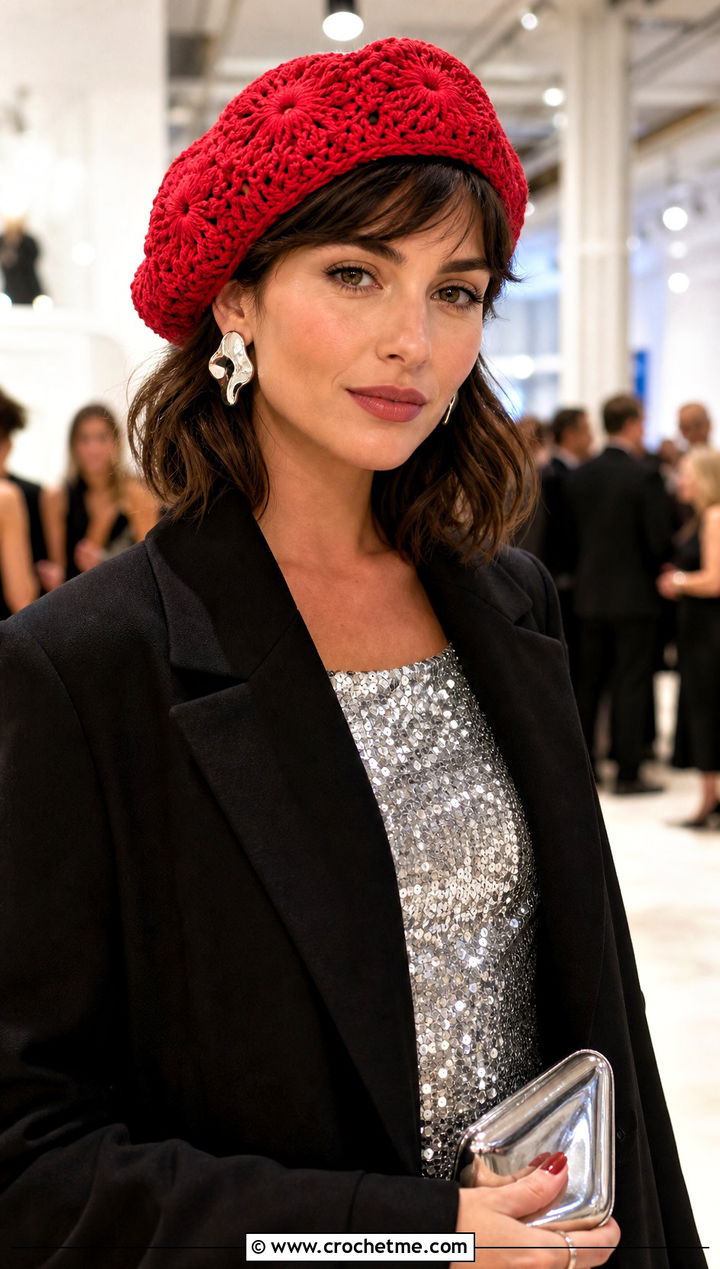 Magnolia Crochet Beret With Sequin Top And Black Jeans - 15 magnolia crochet beret outfit ideas