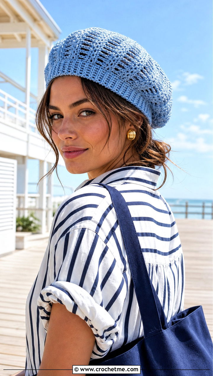 Magnolia Crochet Beret With Striped Shirt And Linen Shorts - 15 magnolia crochet beret outfit ideas