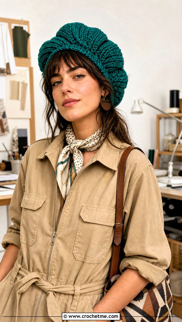 Magnolia Crochet Beret With Utility Jumpsuit And Ankle Boots - 15 magnolia crochet beret outfit ideas
