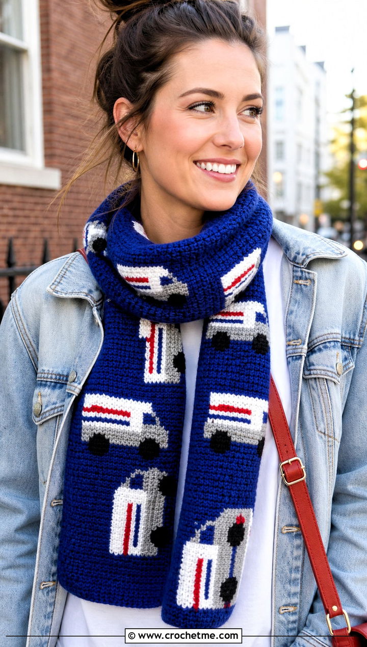 Mail Truck Crochet Scarf With Denim Jacket - 20 Crochet Truck Scarf outfit ideas