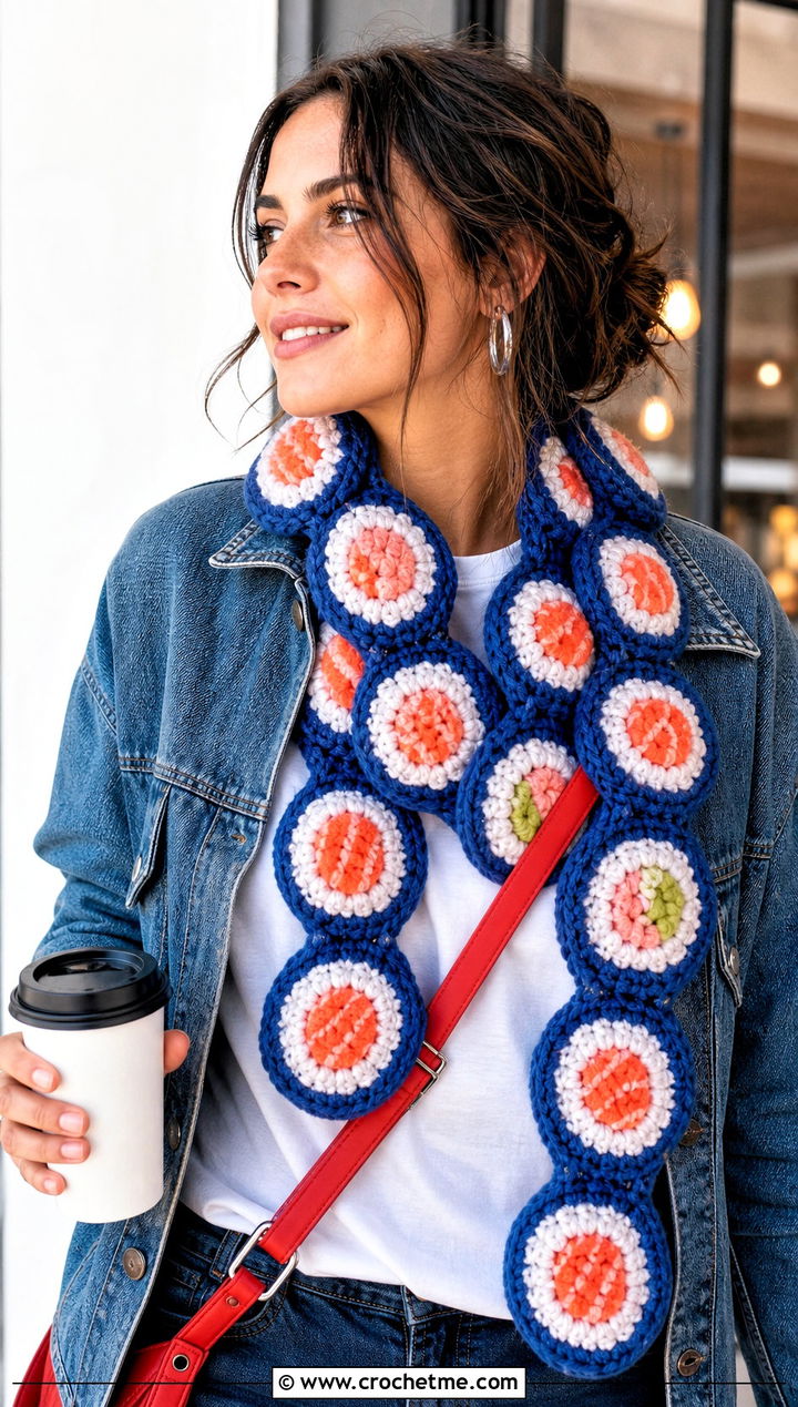 Maki Roll Crochet Sushi Scarf With Denim Jacket - 30 crochet sushi scarf outfit ideas