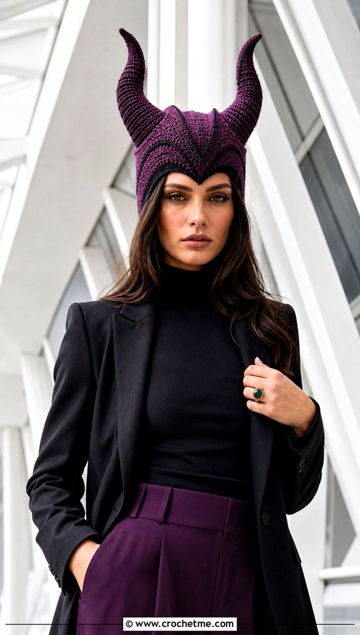 Maleficent Horn Beanie With Black Blazer - 25 Crochet Disney Beanie outfit ideas