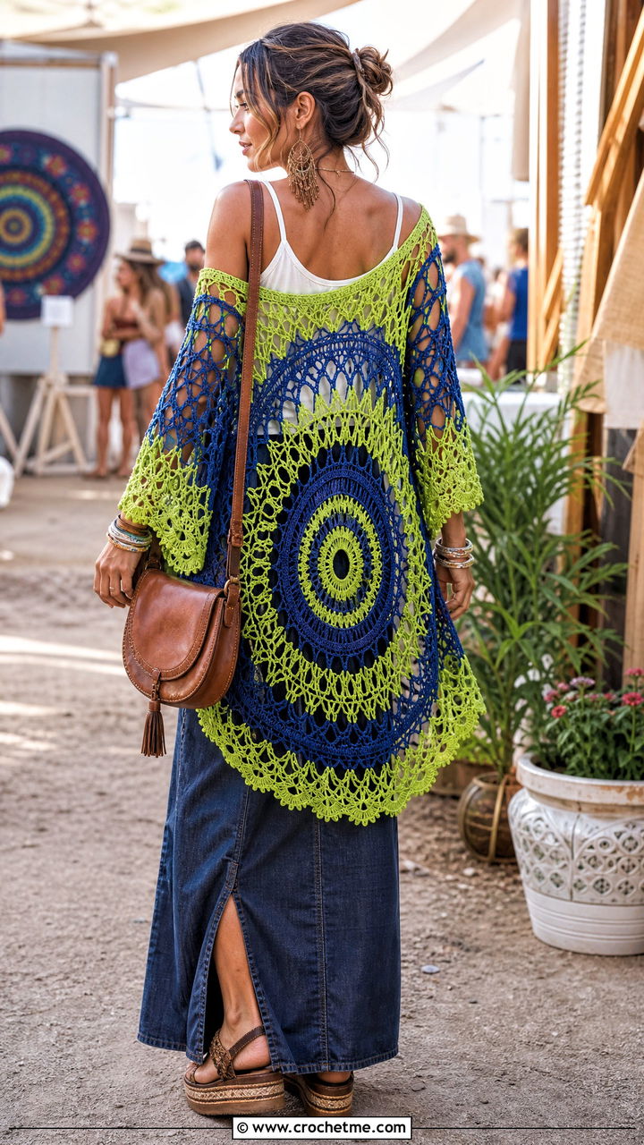 Mandala Back Boho Crochet Cardigan With Tank And Maxi Jeans - 35 Boho Crochet Cardigan outfit ideas