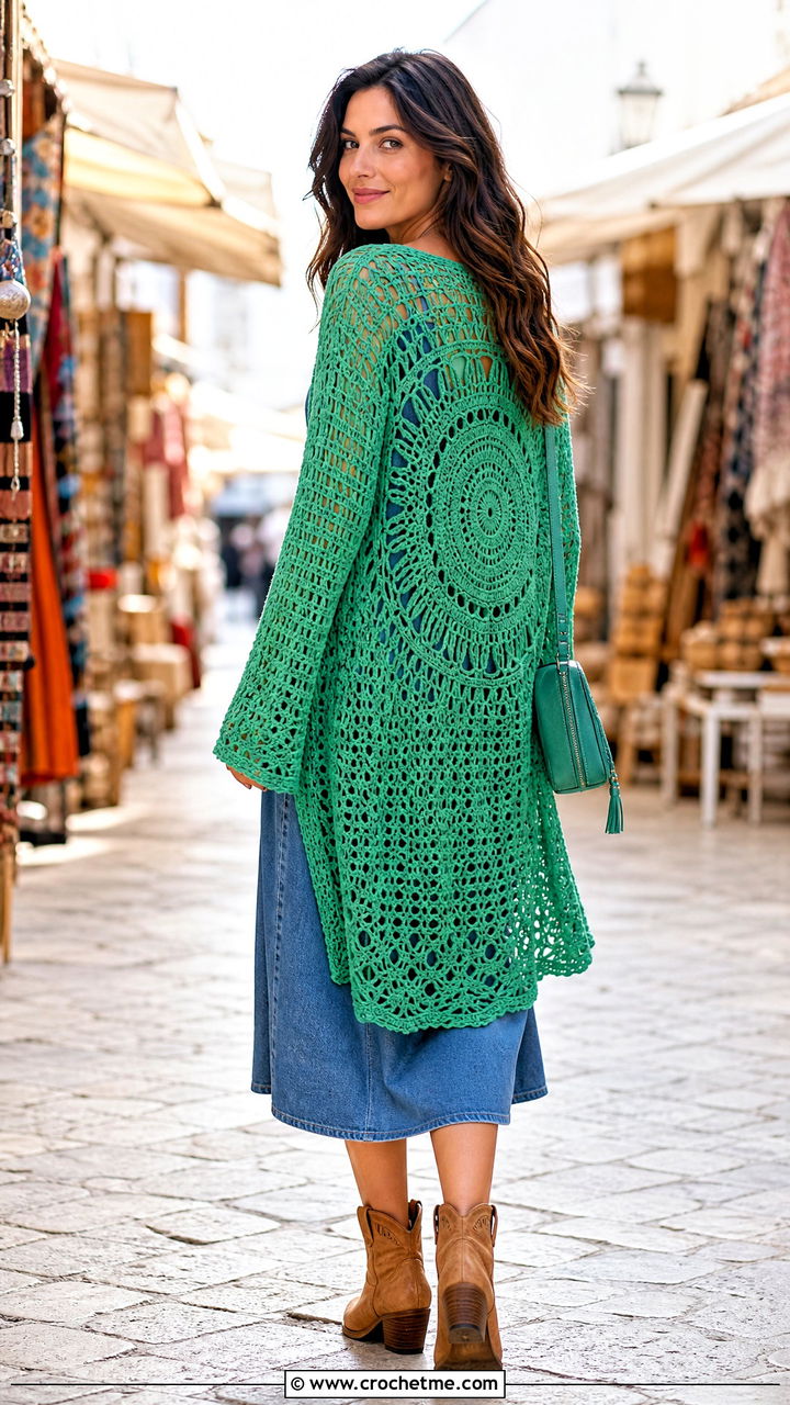 Mandala Back Crochet Boho Cardigan With Denim Dress - 35 crochet boho cardigan outfit ideas
