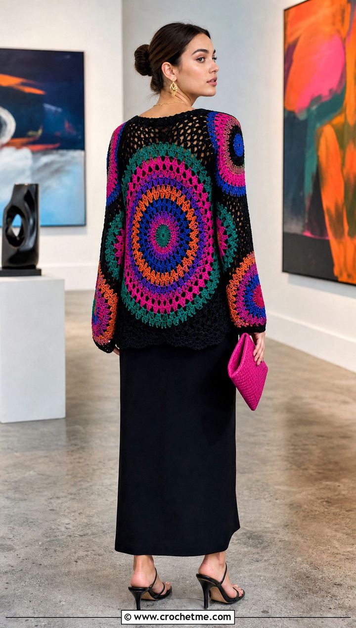 Mandala Back Crochet Cardigan With A Column Skirt - 25 Crochet Colourful Cardigan outfit ideas