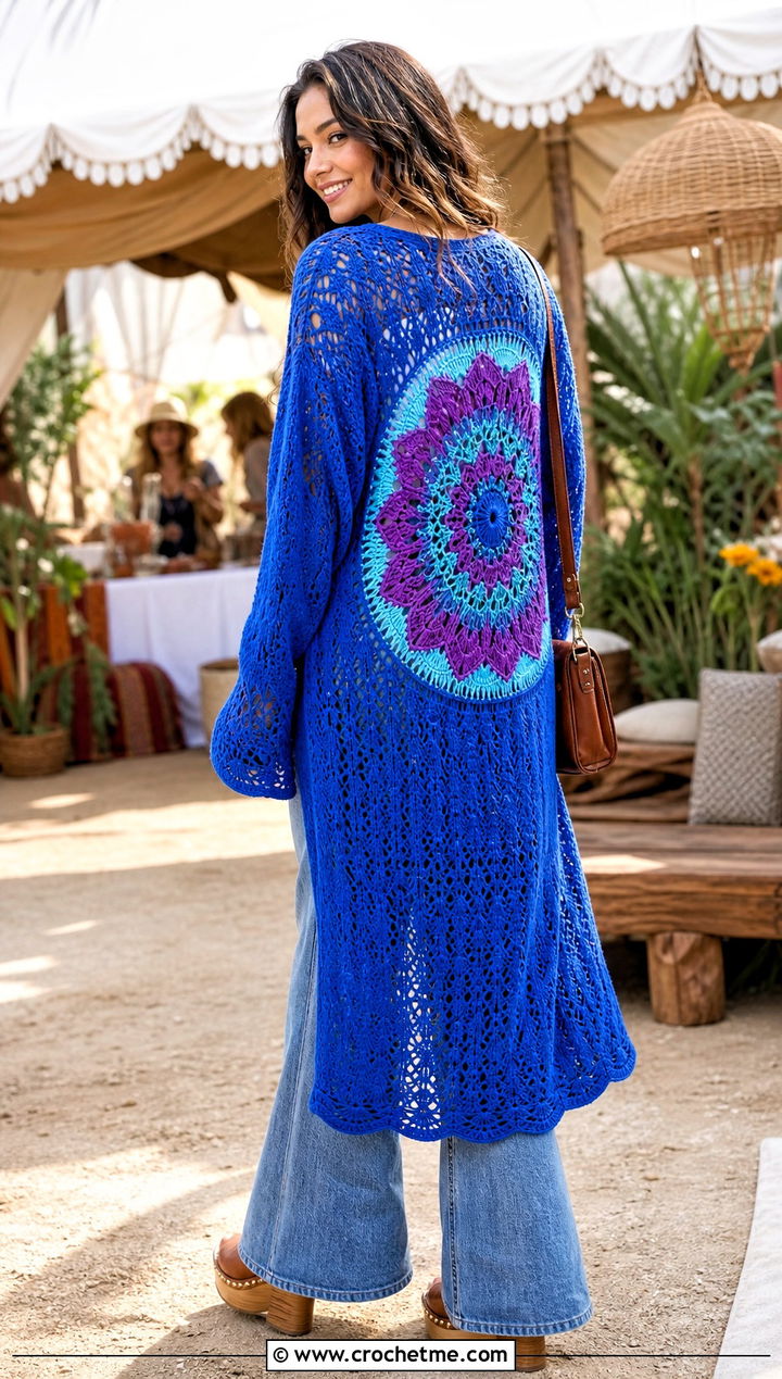 Mandala Back Crochet Cardigan With Flared Jeans - 30 crochet long cardigan sweater coats outfit ideas