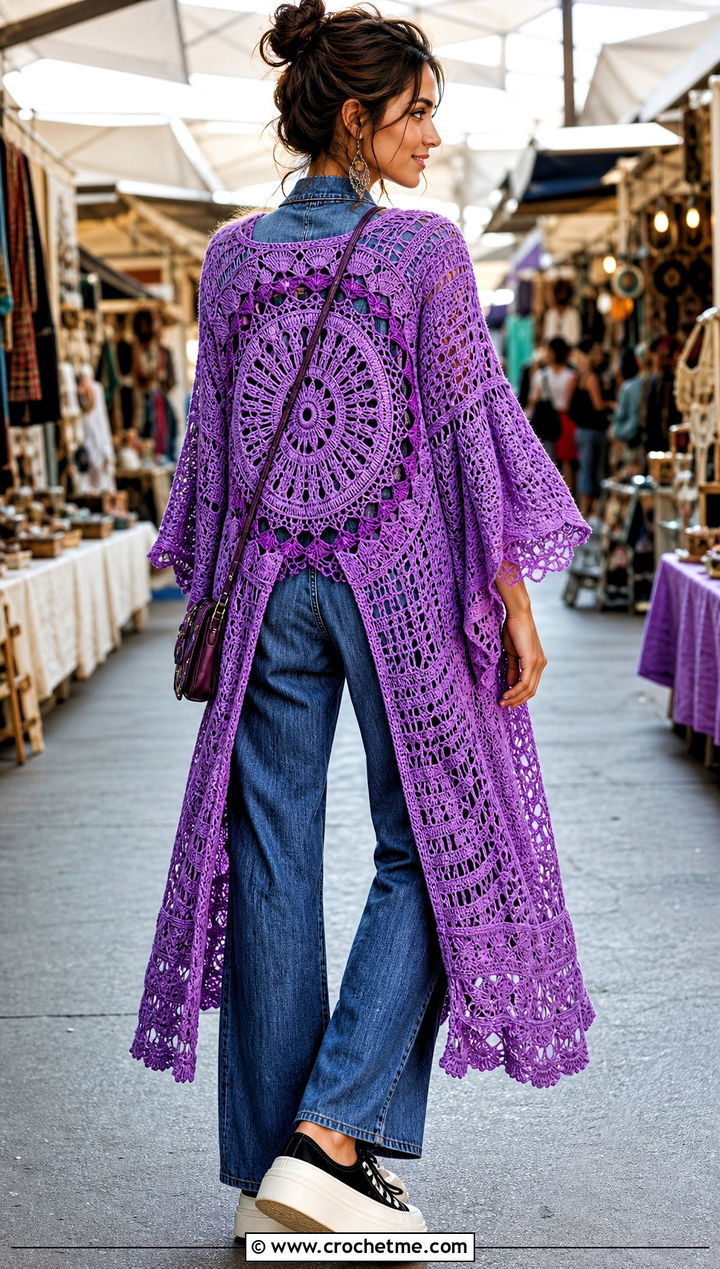 Mandala Back Crochet Kimono Cardigan With Denim Jumpsuit - 35 crochet kimono cardigan outfit ideas