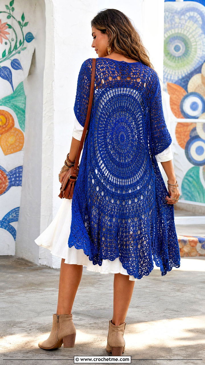 Mandala Back Crochet Long Cardigan With Flare Dress - 35 crochet long cardigan outfit ideas