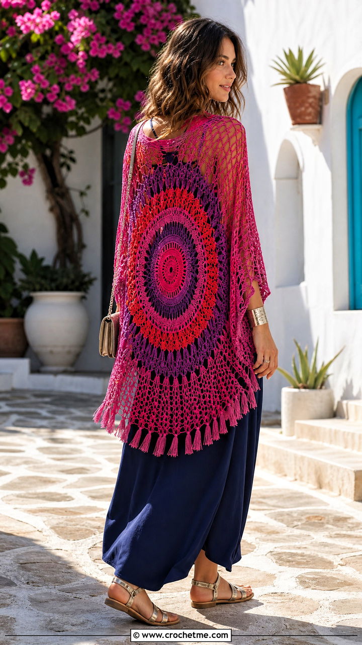 Mandala Back Crochet Ruana With Maxi Dress - 35 crochet ruana outfit ideas