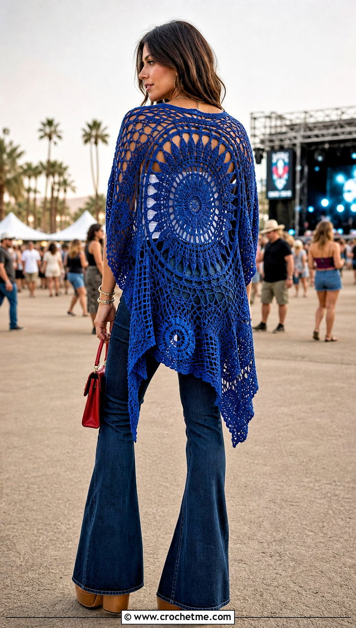 Mandala Back Crochet Summer Kimono With Flared Jeans - 30 crochet summer kimono outfit ideas