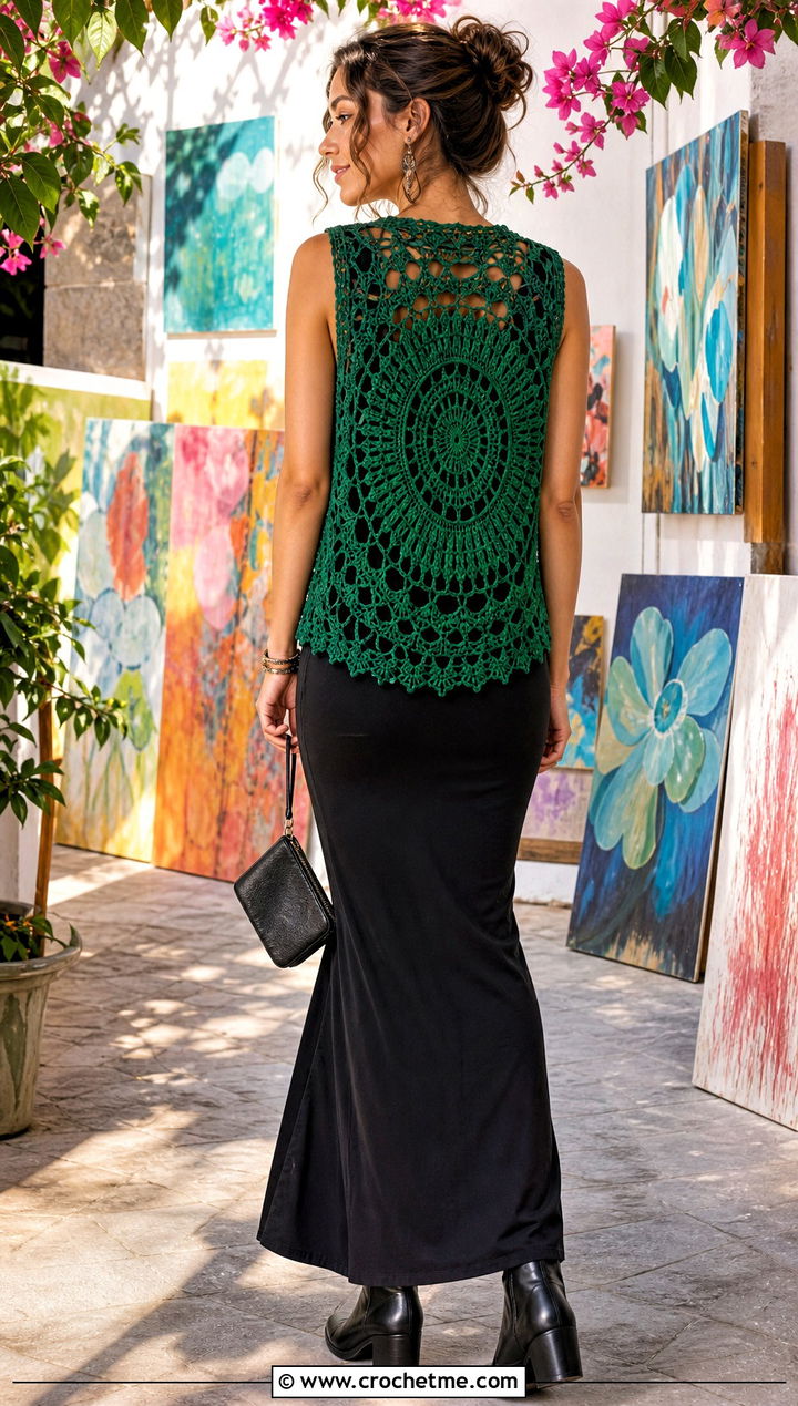 Mandala Back Crochet Vest With Black Maxi Dress - 35 diy crochet vest outfit ideas