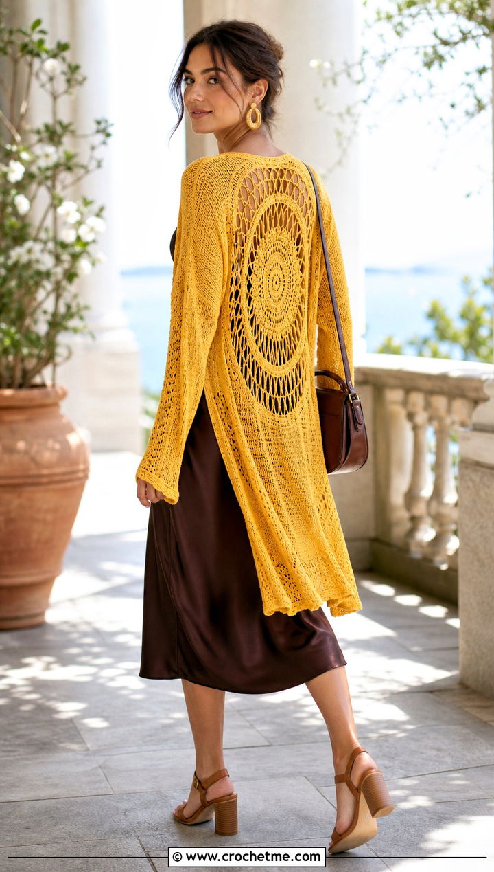 Mandala Back Dream Catcher Cardigan With Slip Dress - 25 dream catcher crochet cardigan outfit ideas
