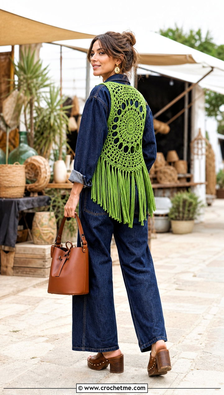 Mandala Back Fringe Vest With Denim Jumpsuit - 15 long crochet vest with fringe outfit ideas