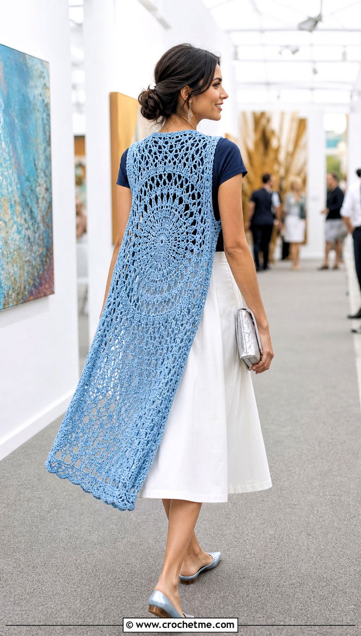 Mandala Back Long Crochet Duster With Midi Skirt - 25 Long Crochet Duster outfit ideas