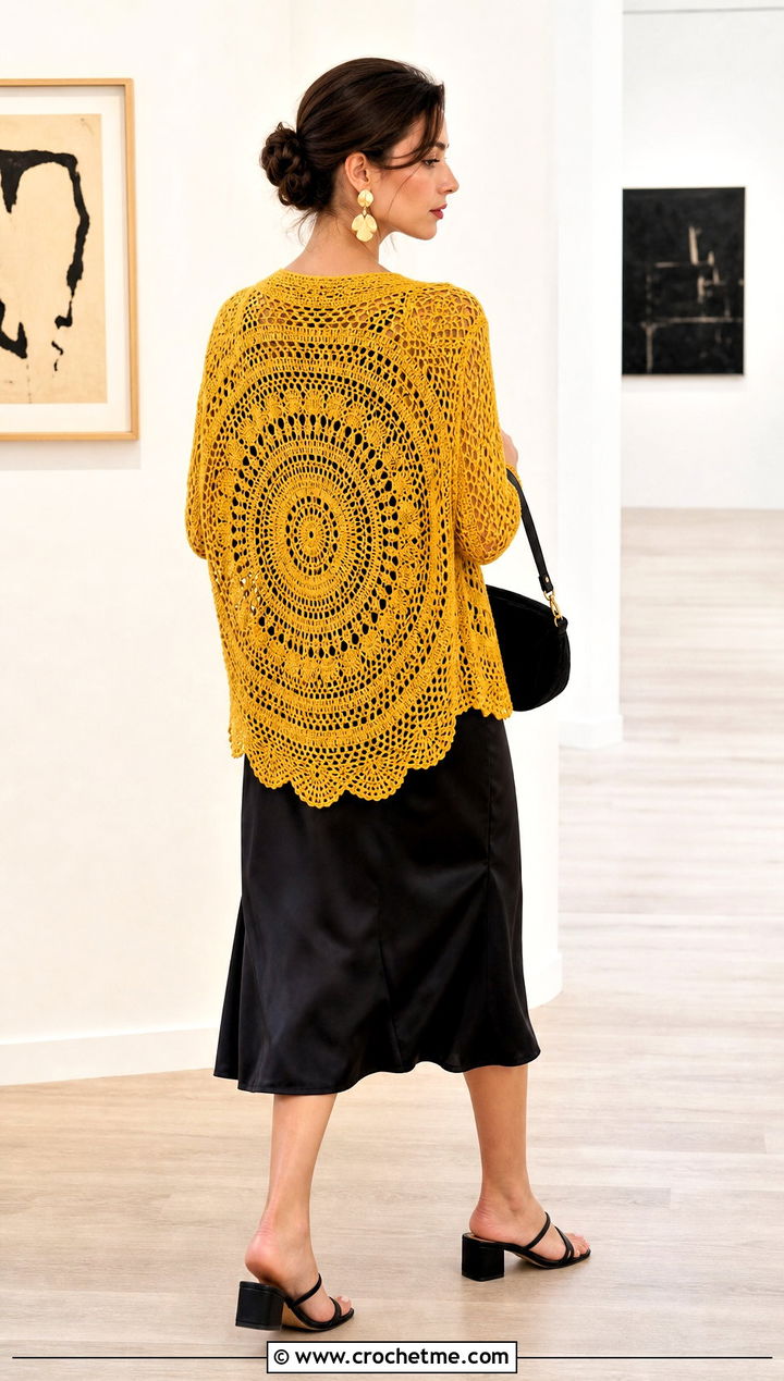Mandala Circle Cardigan With Slip Dress - 30 crochet circle cardigan outfit ideas
