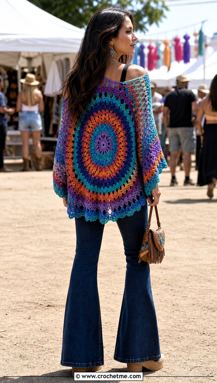Mandala Circle Crochet Cardigan With Flare Jeans - 30 loose crochet cardigan outfit ideas