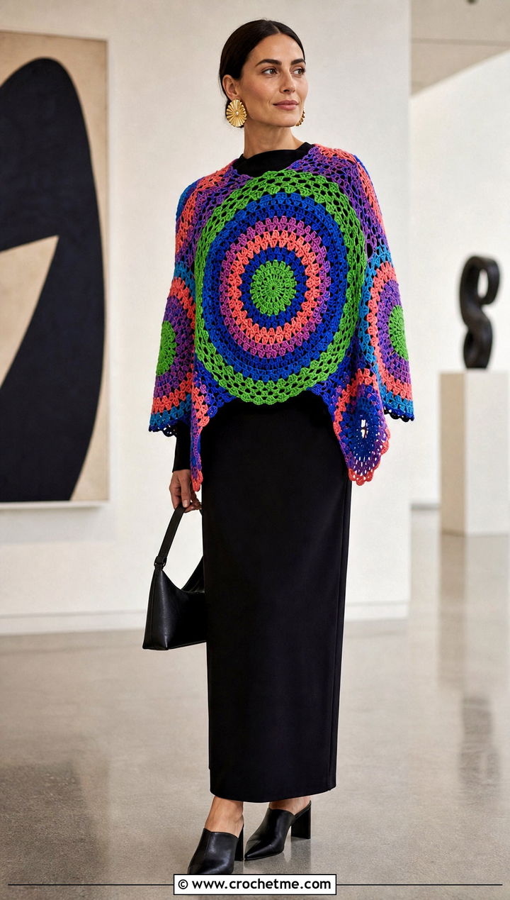 Mandala Circle Crochet Shawl With Black Column Dress - 20 Circle Crochet Shawl outfit ideas