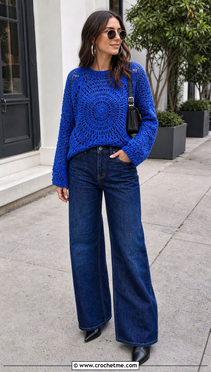 Mandala Circle Crochet Sweater With Wide Leg Jeans - 25 Circle Crochet Sweater outfit ideas
