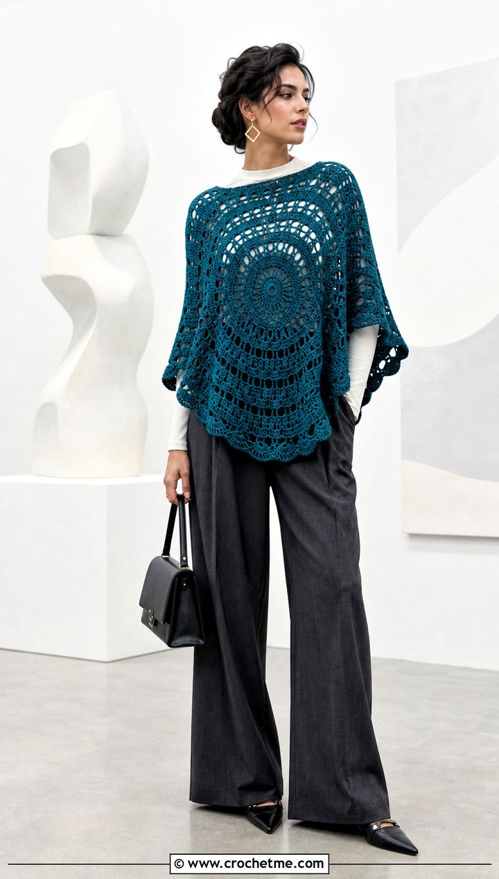 Mandala Circle Poncho With Wide Leg Trousers - 25 Crochet Circle Poncho outfit ideas