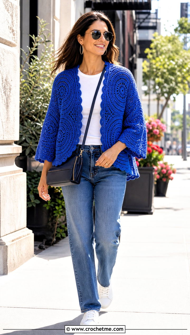 Mandala Circular Jacket With Straight Leg Jeans - 15 Crochet Circular Jacket outfit ideas
