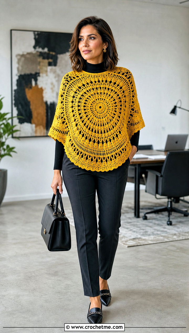 Mandala Circular Poncho With Tailored Trousers - 25 Crochet Circular Poncho outfit ideas