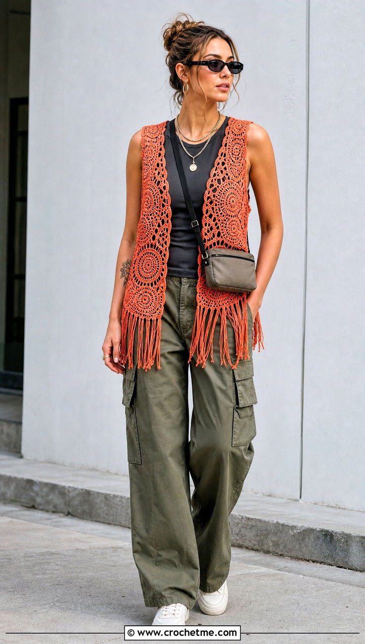 Mandala Coral Fringe Vest With Cargo Pants - 15 coral fringe vest in knit crochet boho style outfit ideas