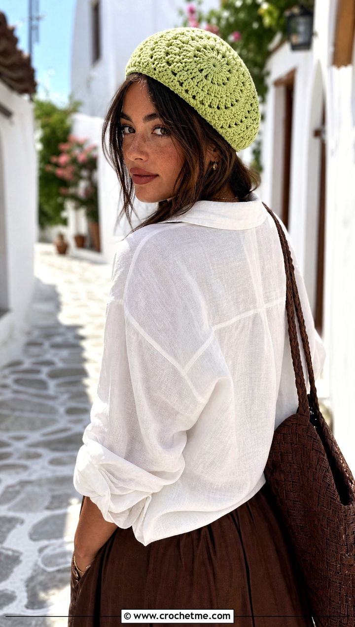 Mandala Crochet Beret With Linen Shirt And Maxi Skirt - 20 flat crochet hat outfit ideas