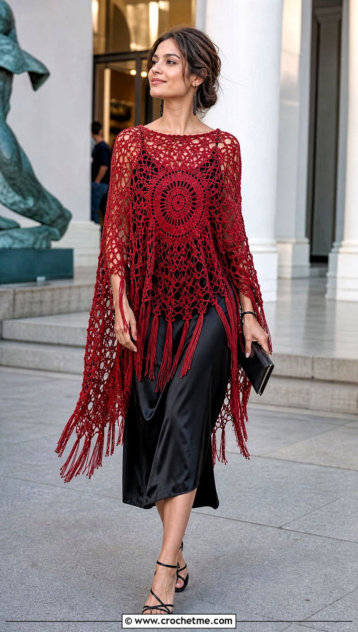 Mandala Crochet Boho Poncho With Slip Dress - 30 crochet boho poncho outfit ideas