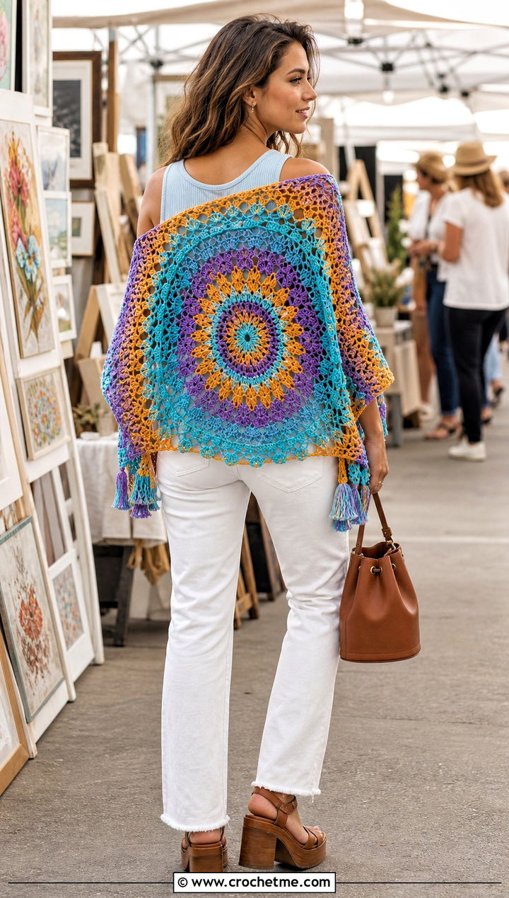 Mandala Crochet Boho Shawl With White Jeans - 30 crochet boho shawl outfit ideas