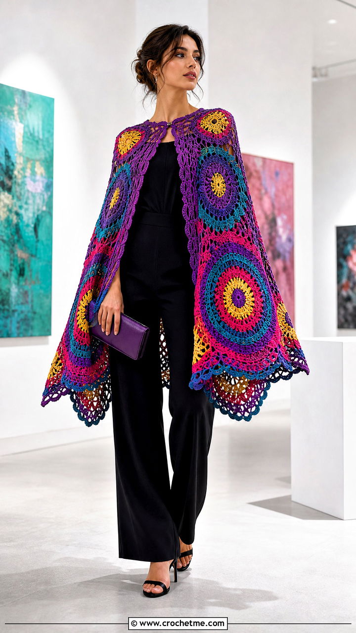 Mandala Crochet Cape With A Black Jumpsuit - 35 crochet cape outfit ideas