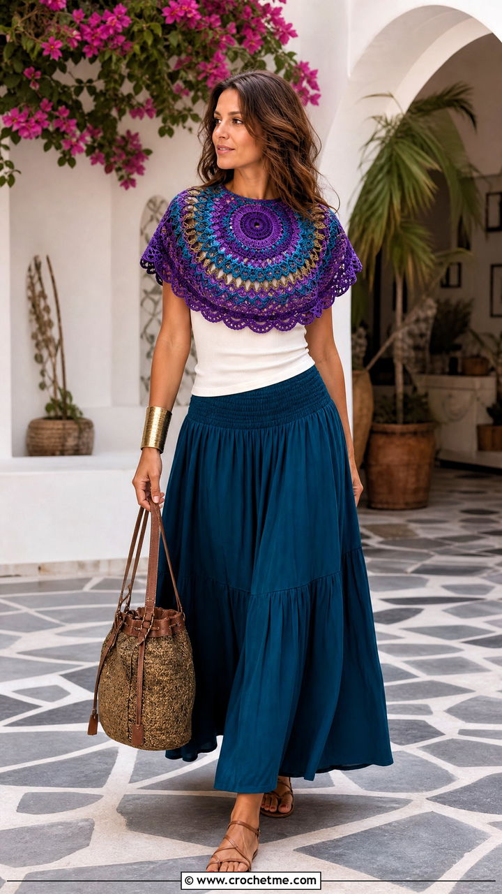 Mandala Crochet Capelet With Maxi Skirt - 35 crochet capelet outfit ideas