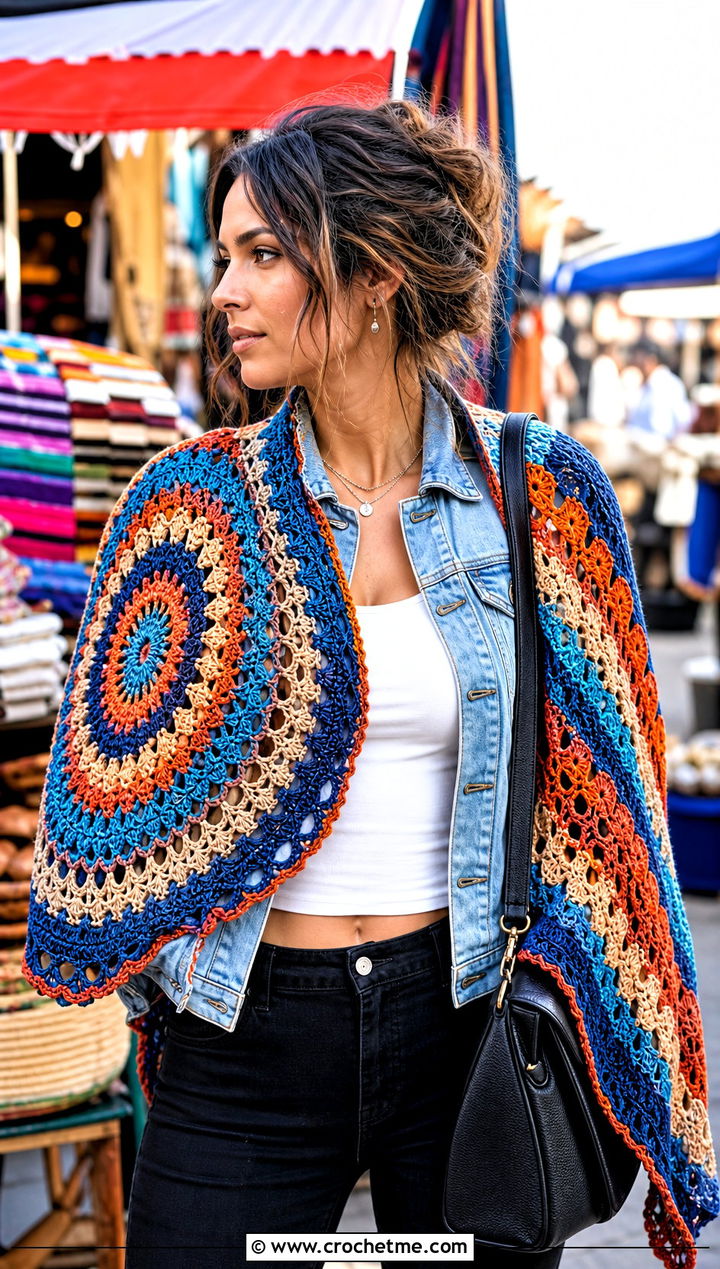 Mandala Crochet Circular Shawl With a Denim Jacket - 30 crochet circular shawl outfit ideas