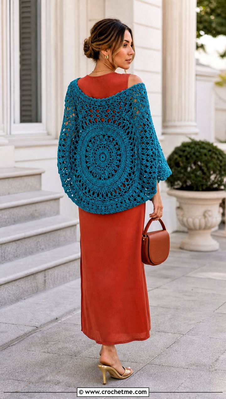 Mandala Crochet Cocoon Shrug With Column Dress - 30 crochet cocoon shrug outfit ideas